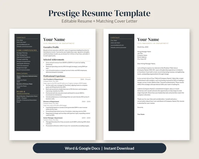 Prestige Executive Resume Template + Cover Letter – Resume Templates by SpoonfulOfCalmStudio