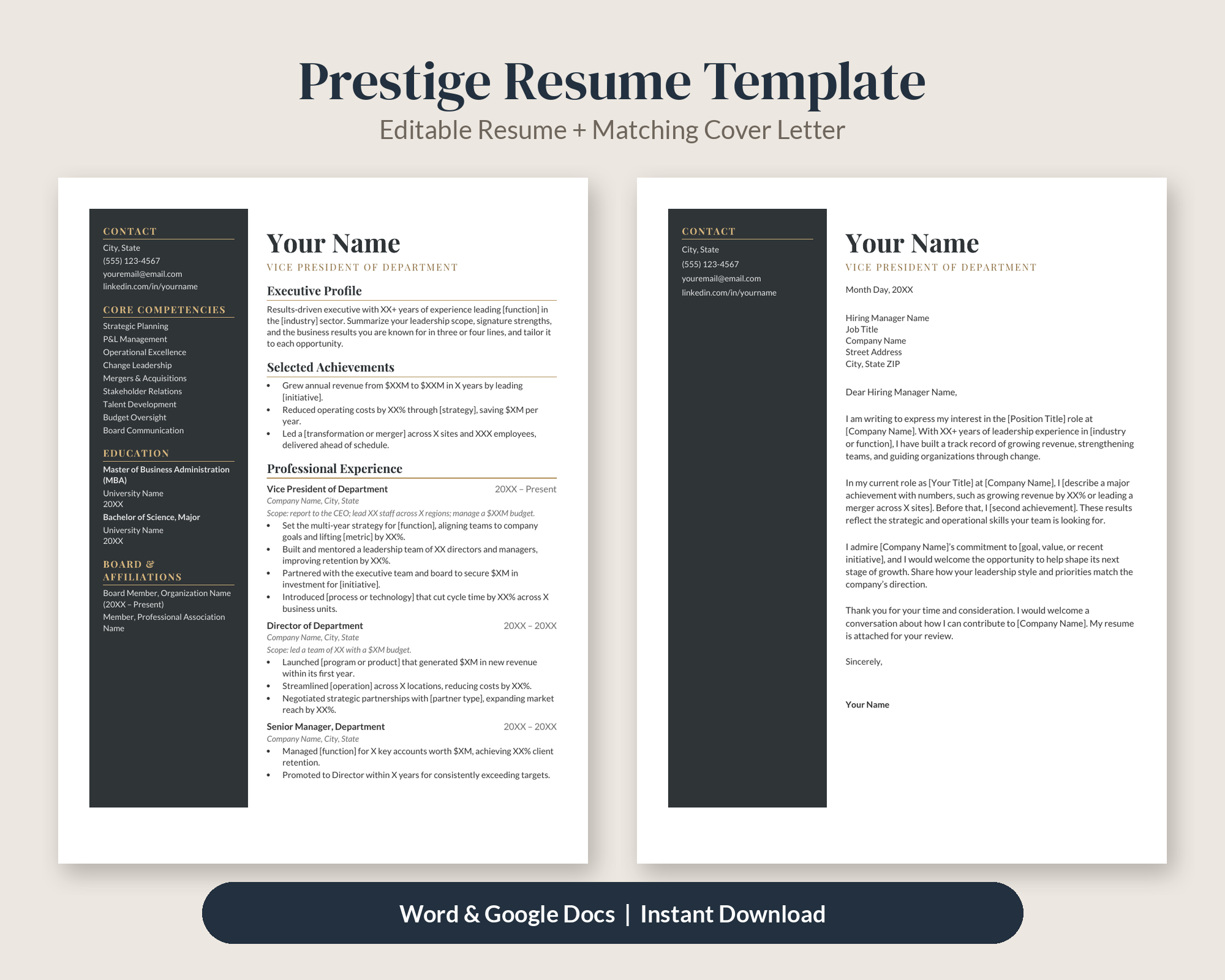 Prestige Executive Resume Template + Cover Letter – Resume Templates by SpoonfulOfCalmStudio