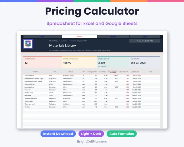 Product Pricing Calculator – Spreadsheets by BrightCellPlanStudio