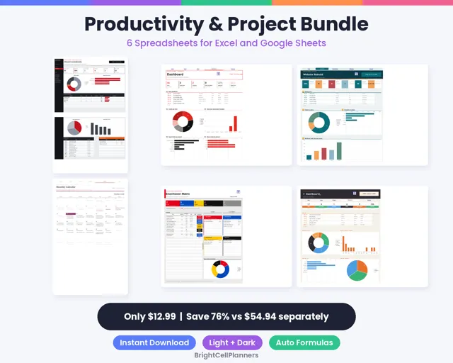 Productivity and Project Spreadsheet Bundle – Spreadsheets by BrightCellPlanStudio