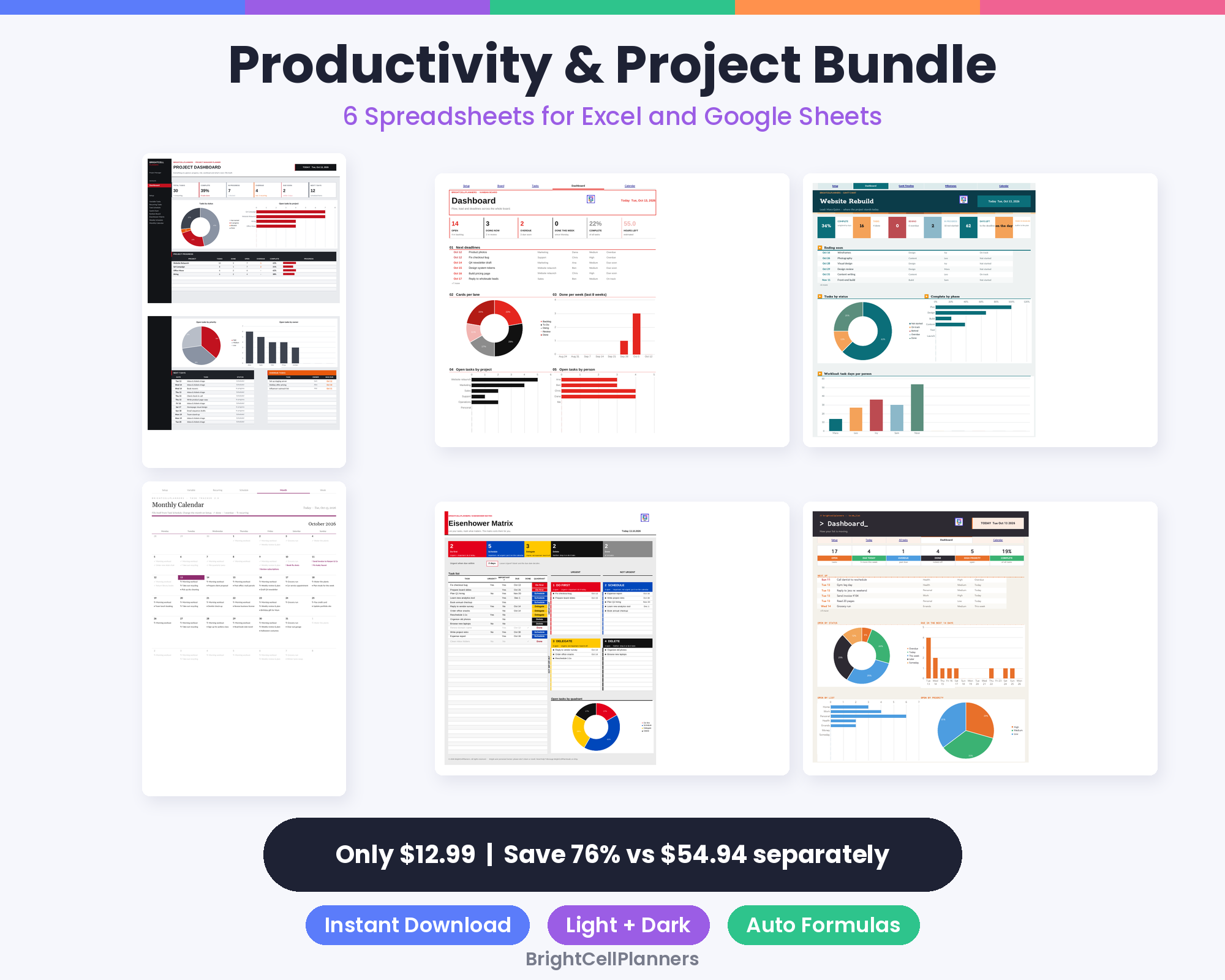 Productivity and Project Spreadsheet Bundle – Spreadsheets by BrightCellPlanStudio