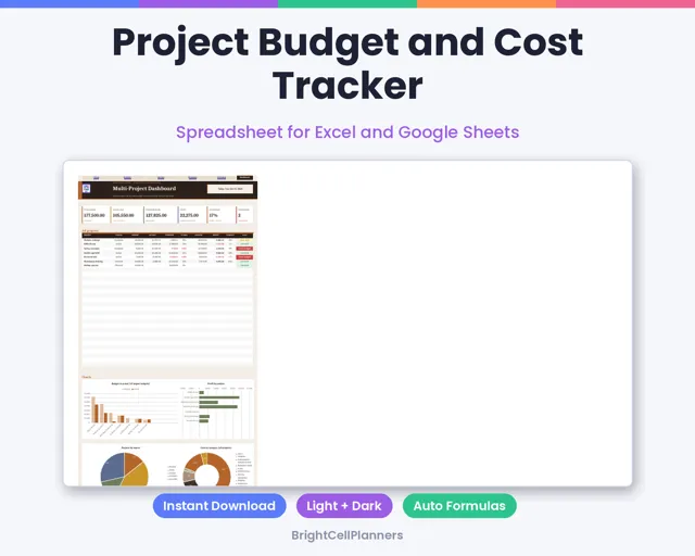 Project Budget and Cost Tracker – Spreadsheets by BrightCellPlanStudio