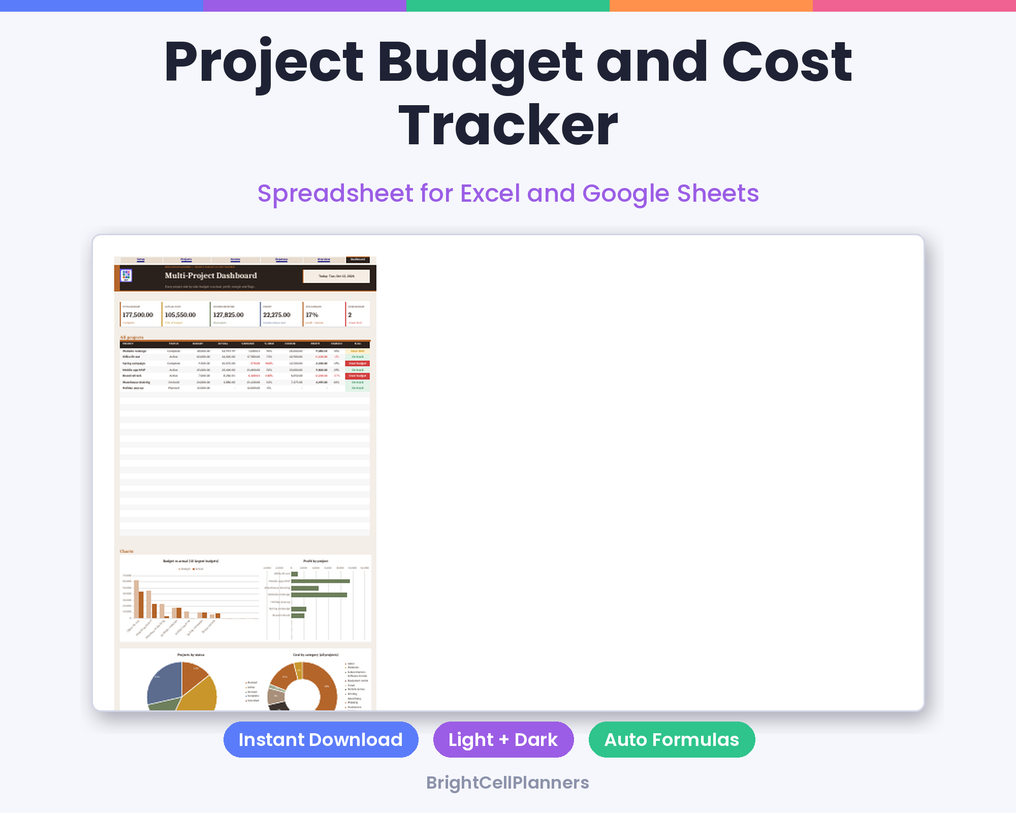Project Budget and Cost Tracker – Spreadsheets by BrightCellPlanStudio
