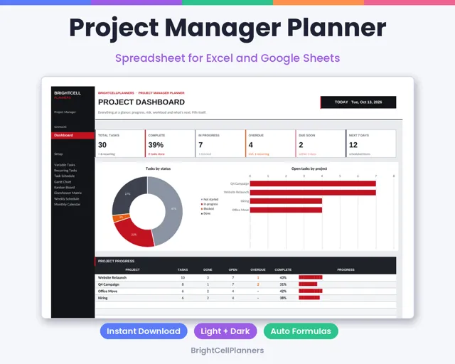 Project Manager Planner – Spreadsheets by BrightCellPlanStudio