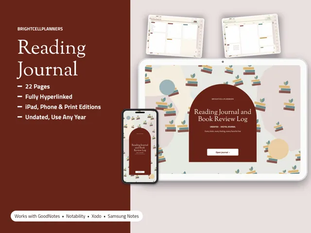 Reading Journal Book Review Log – Digital Planners by BrightCellPlanStudio