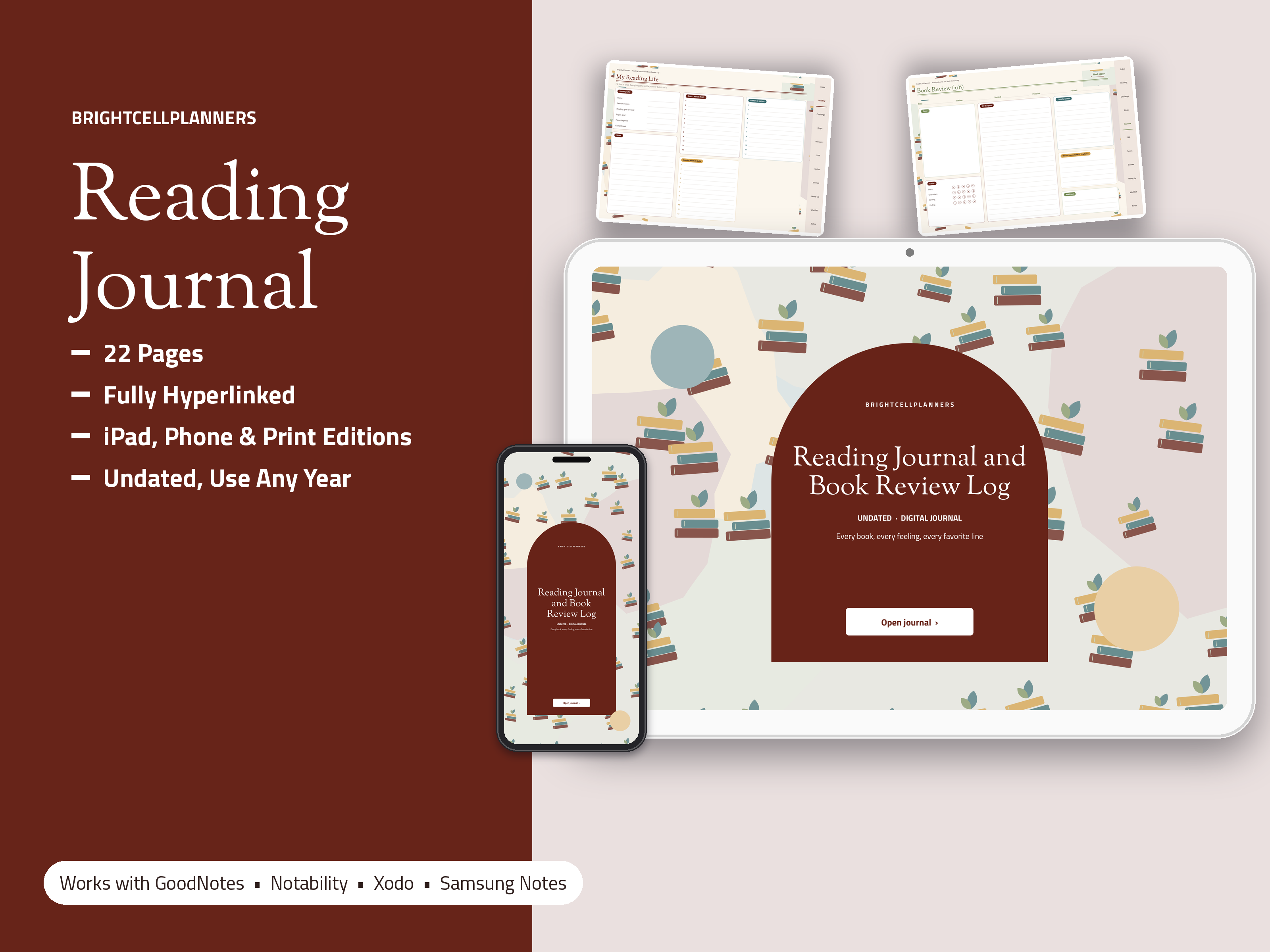 Reading Journal Book Review Log – Digital Planners by BrightCellPlanStudio