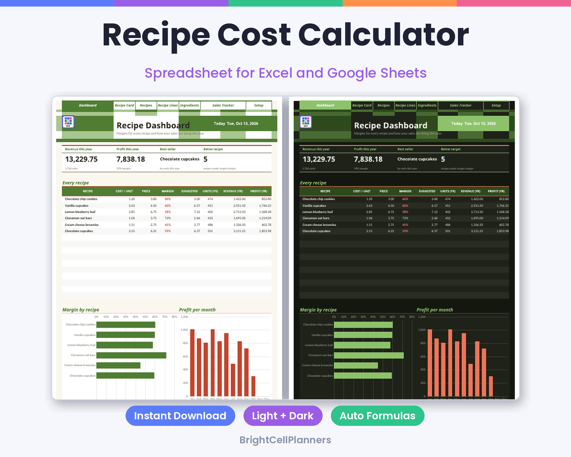 Recipe Cost Calculator – Spreadsheets by BrightCellPlanStudio