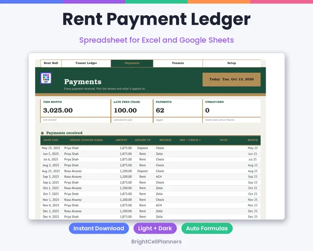 Rent Payment Ledger – Spreadsheets by BrightCellPlanStudio