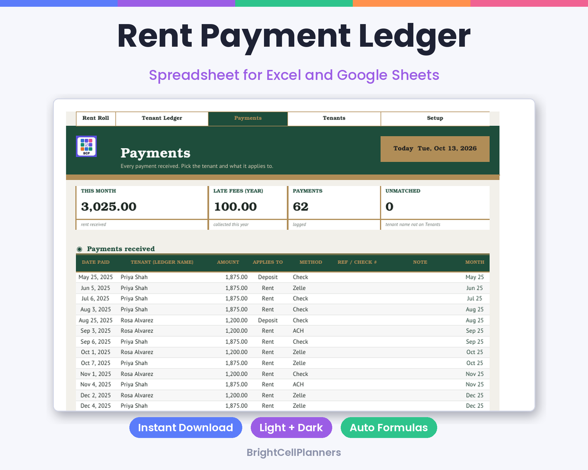Rent Payment Ledger – Spreadsheets by BrightCellPlanStudio