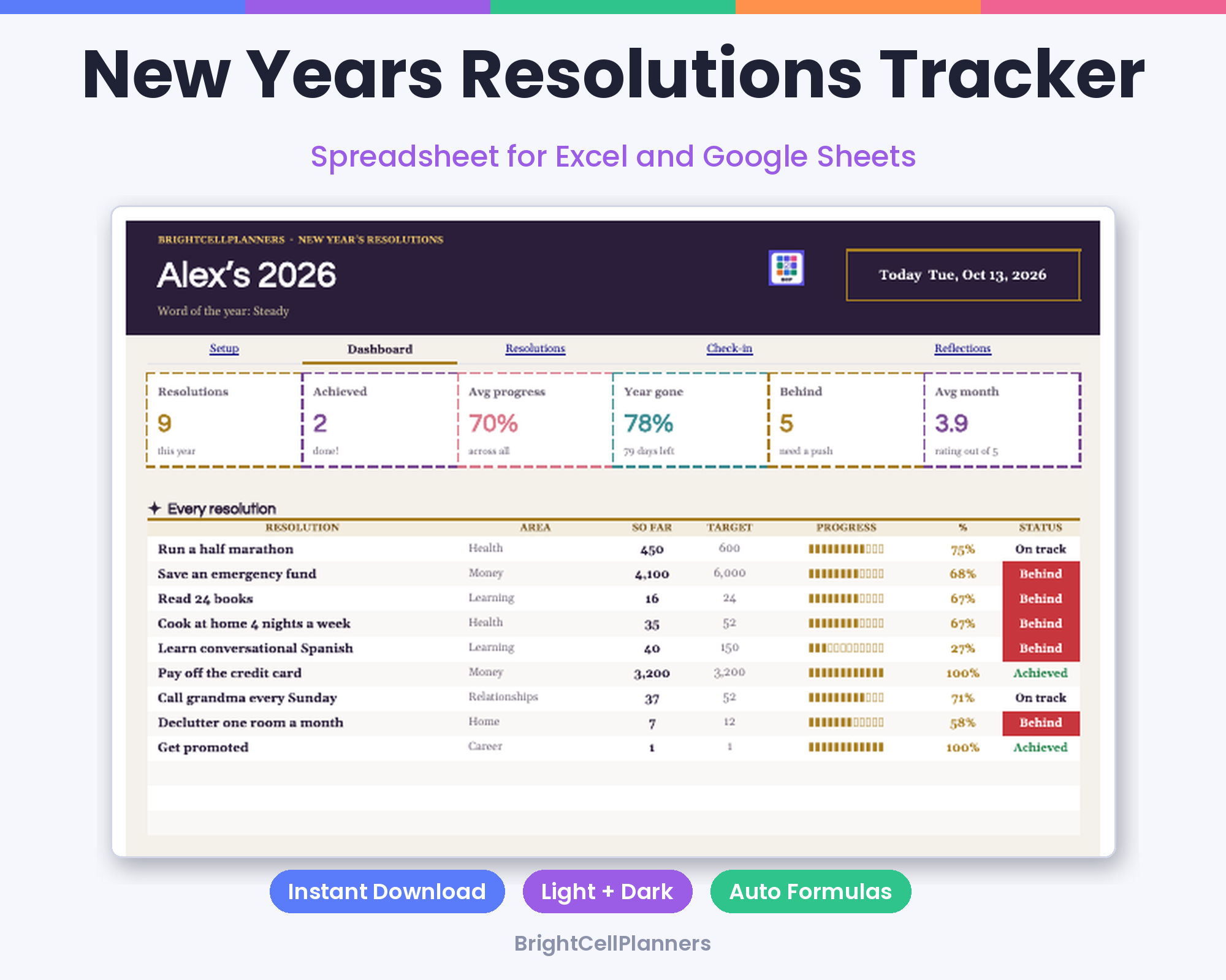 New Years Resolutions Tracker – Spreadsheets by BrightCellPlanStudio