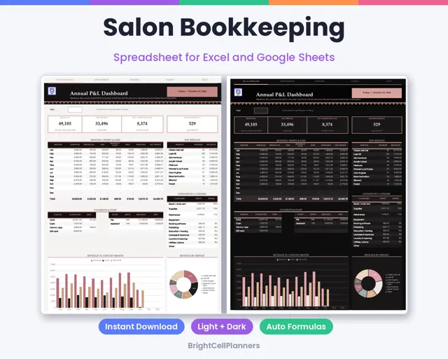 Salon Bookkeeping – Spreadsheets by BrightCellPlanStudio