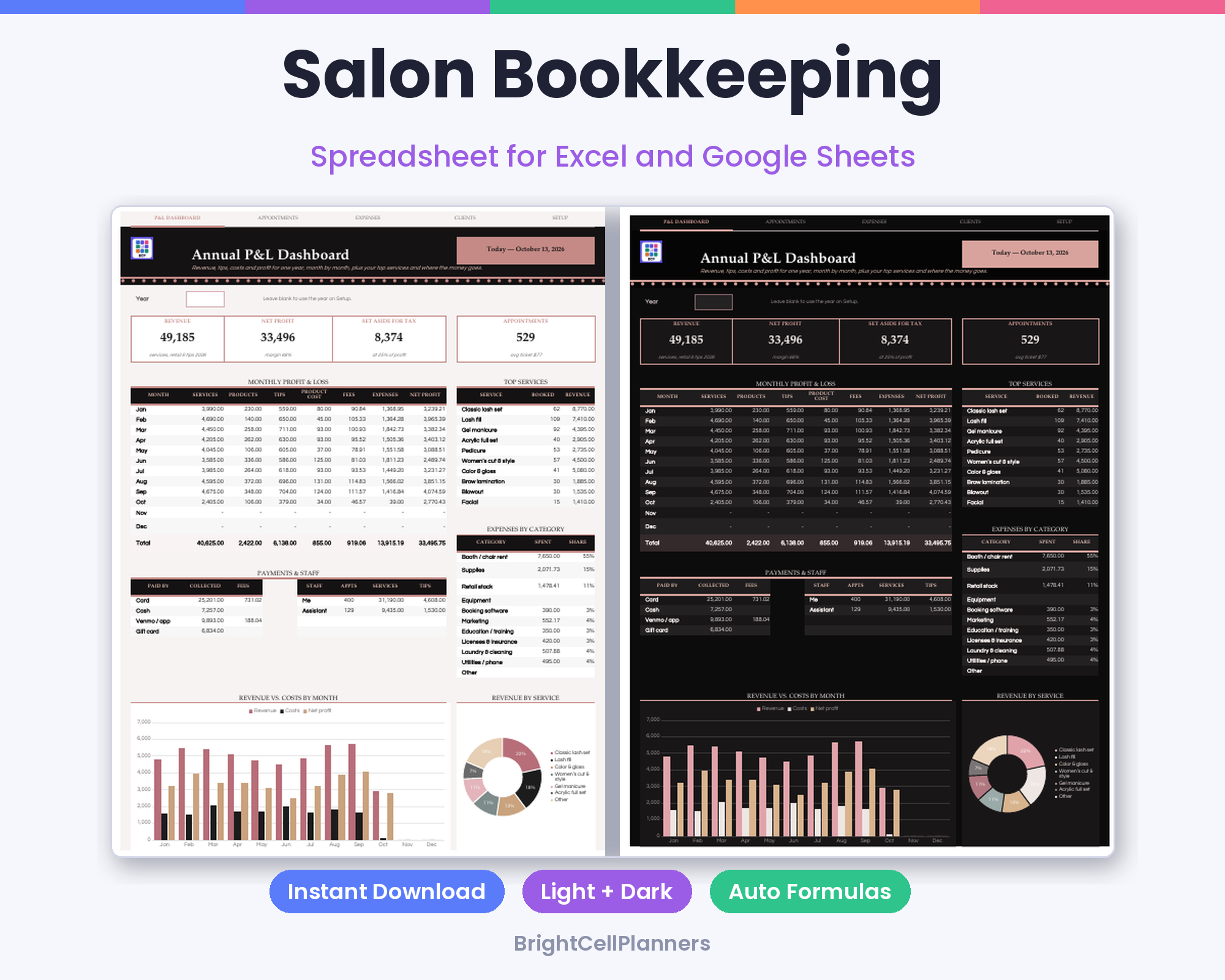 Salon Bookkeeping – Spreadsheets by BrightCellPlanStudio