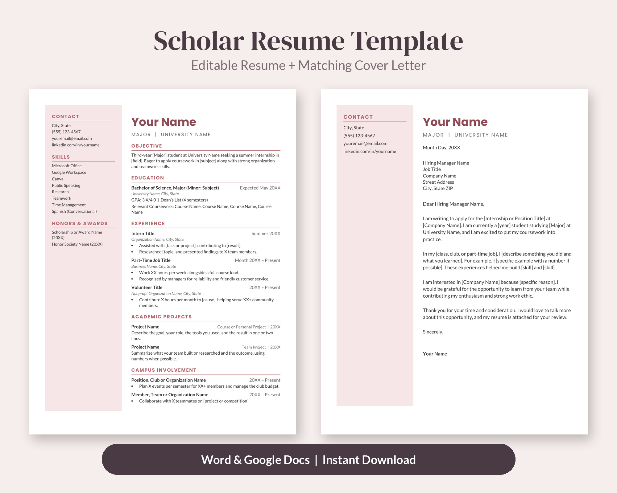 Scholar Student Resume Template + Cover Letter – Resume Templates by SpoonfulOfCalmStudio