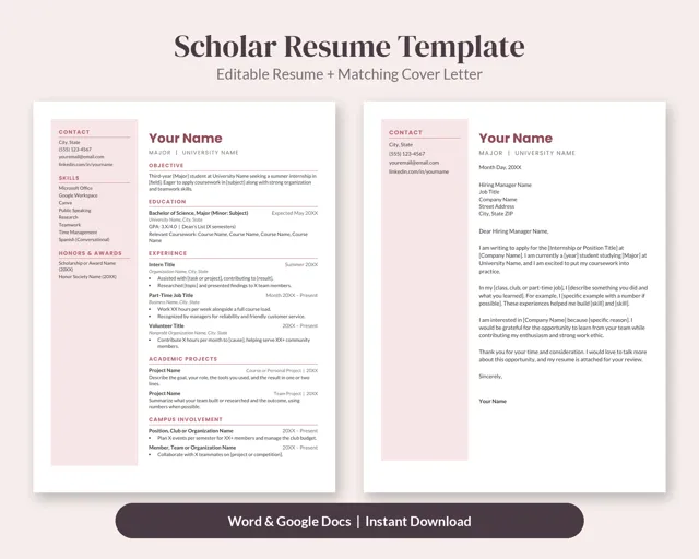 Scholar Student Resume Template + Cover Letter – Resume Templates by SpoonfulOfCalmStudio