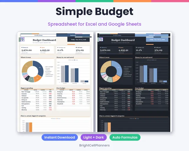 Simple Budget – Spreadsheets by BrightCellPlanStudio