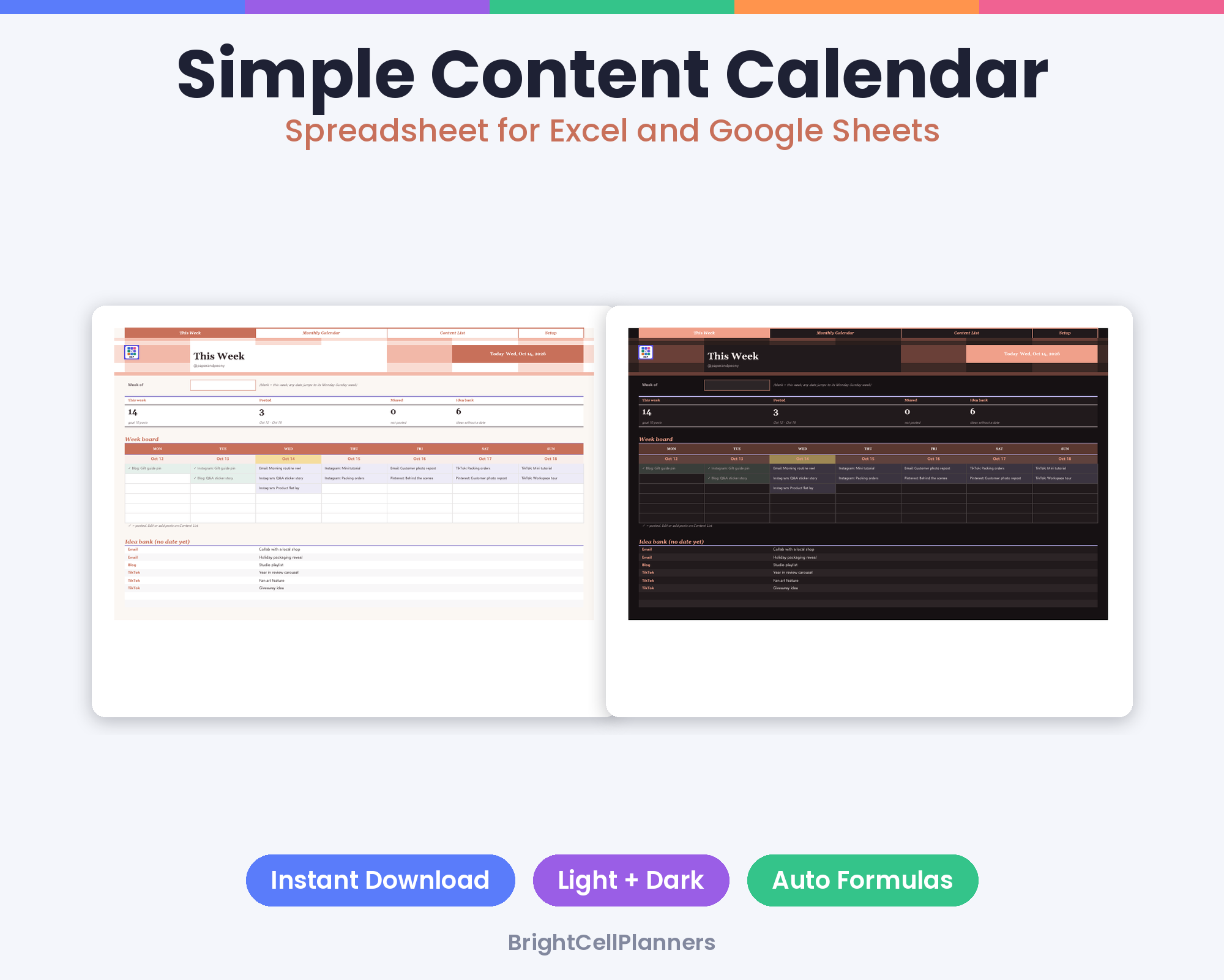 Simple Content Calendar – Spreadsheets by BrightCellPlanStudio