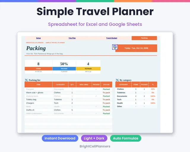 Simple Travel Planner – Spreadsheets by BrightCellPlanStudio