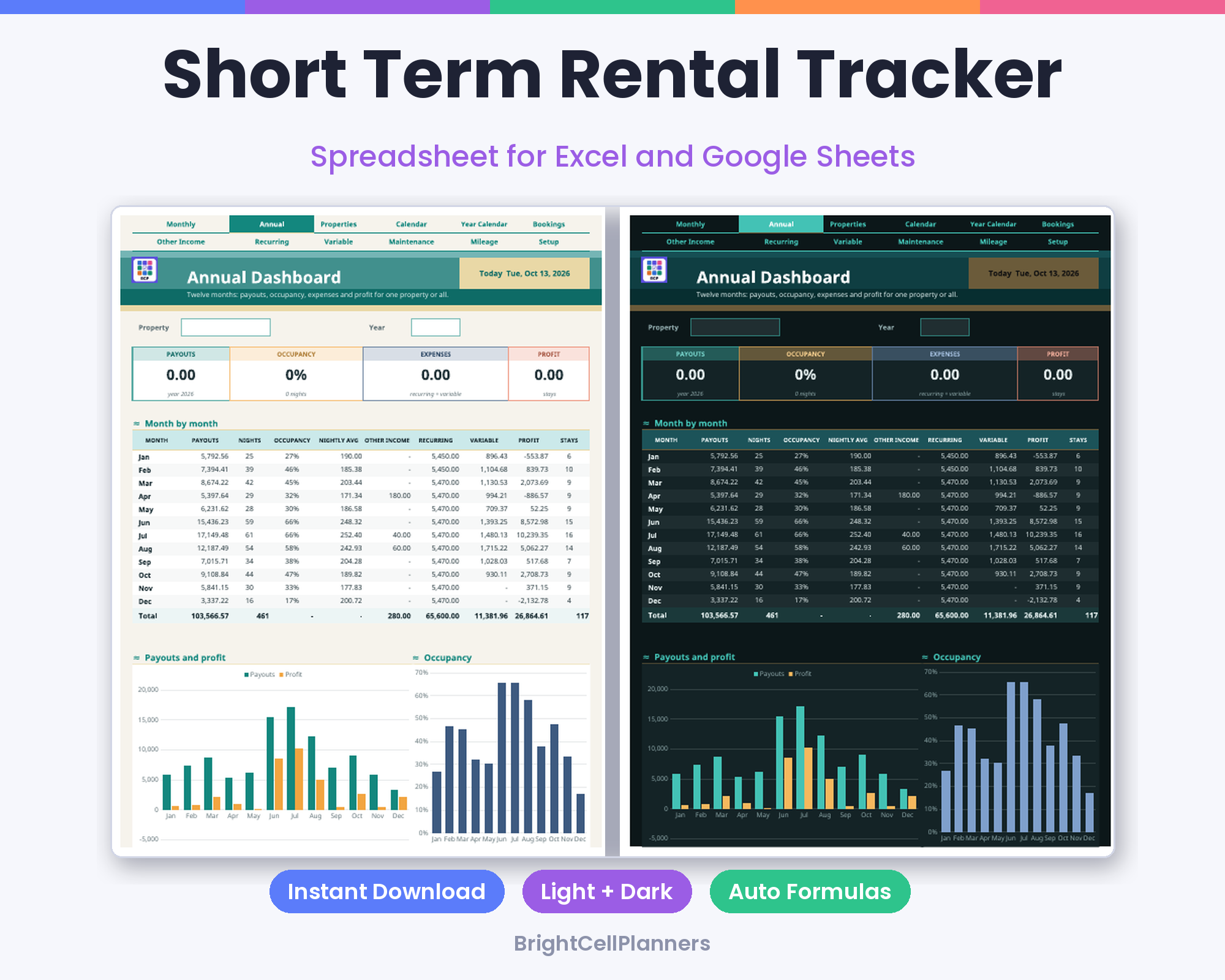Short Term Rental Tracker – Spreadsheets by BrightCellPlanStudio