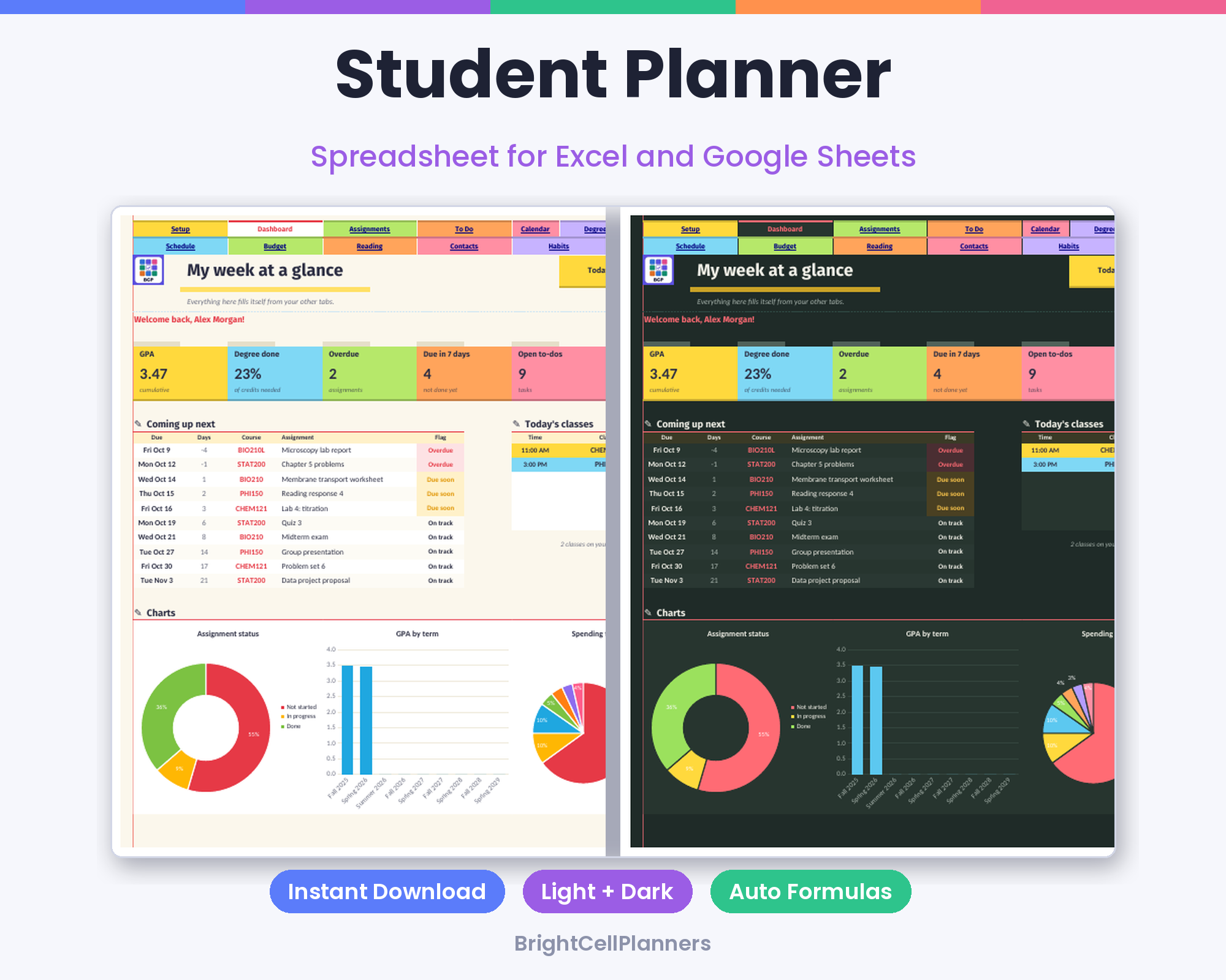 Student Planner – Spreadsheets by BrightCellPlanStudio