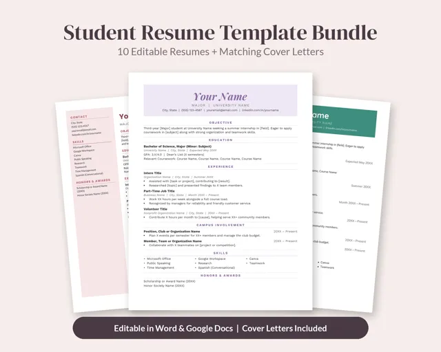 Student Resume Bundle – Resume Templates by SpoonfulOfCalmStudio