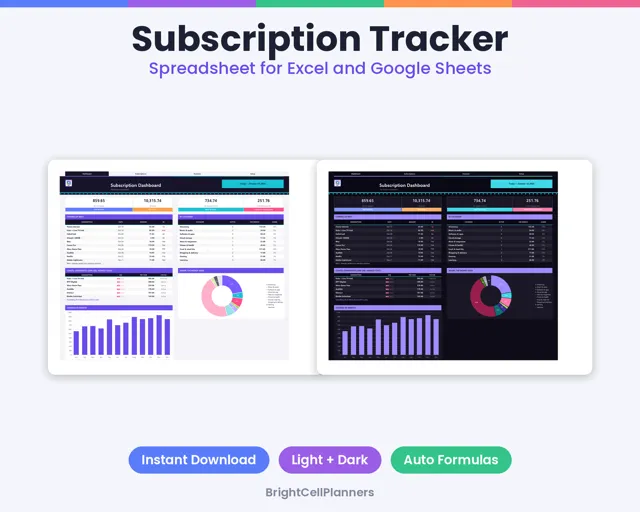 Subscription Tracker – Spreadsheets by BrightCellPlanStudio