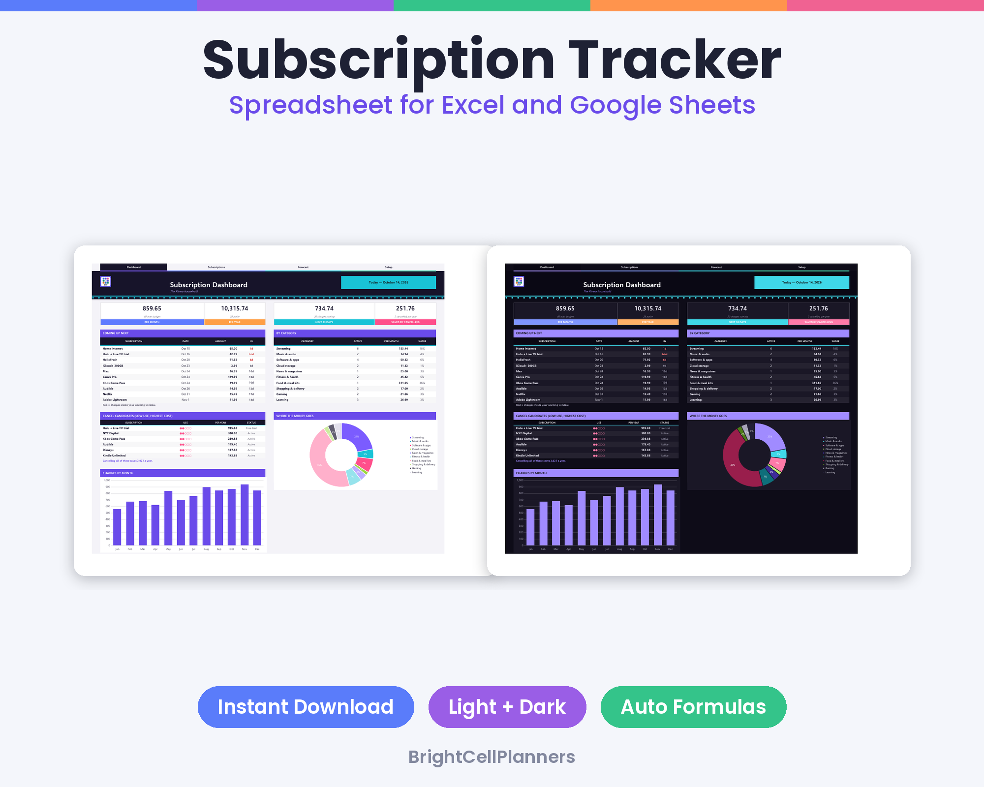 Subscription Tracker – Spreadsheets by BrightCellPlanStudio