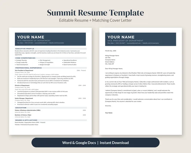 Summit Executive Resume Template + Cover Letter – Resume Templates by SpoonfulOfCalmStudio