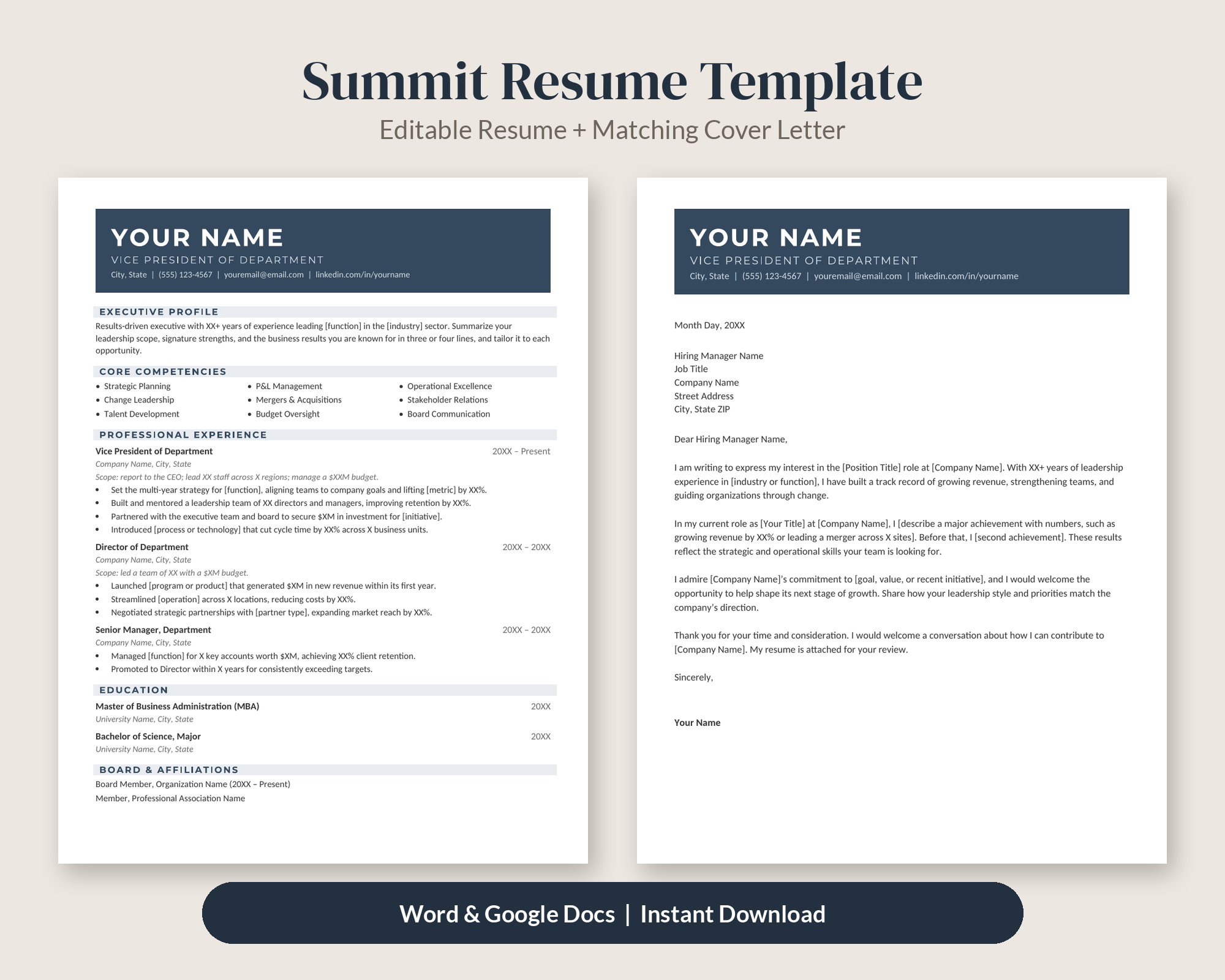 Summit Executive Resume Template + Cover Letter – Resume Templates by SpoonfulOfCalmStudio