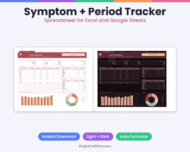 Symptom and Period Tracker – Spreadsheets by BrightCellPlanStudio