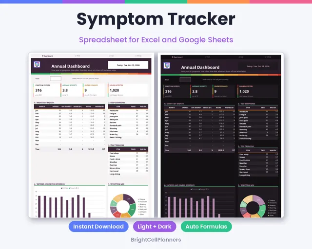 Symptom Tracker – Spreadsheets by BrightCellPlanStudio