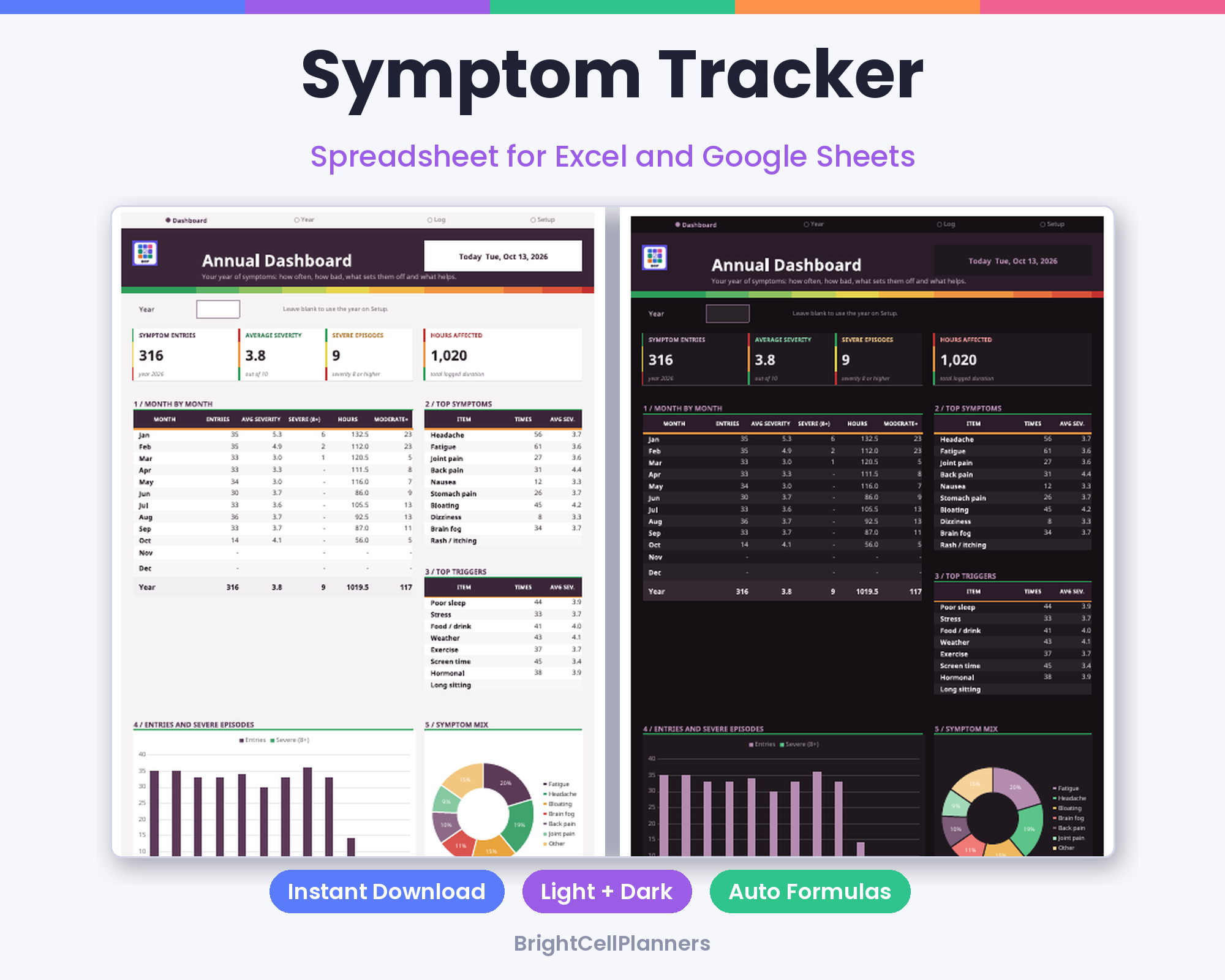 Symptom Tracker – Spreadsheets by BrightCellPlanStudio