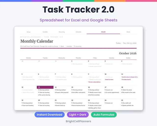 Task Tracker – Spreadsheets by BrightCellPlanStudio