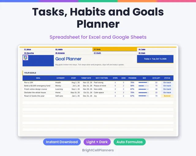 Tasks Habits and Goals Planner – Spreadsheets by BrightCellPlanStudio
