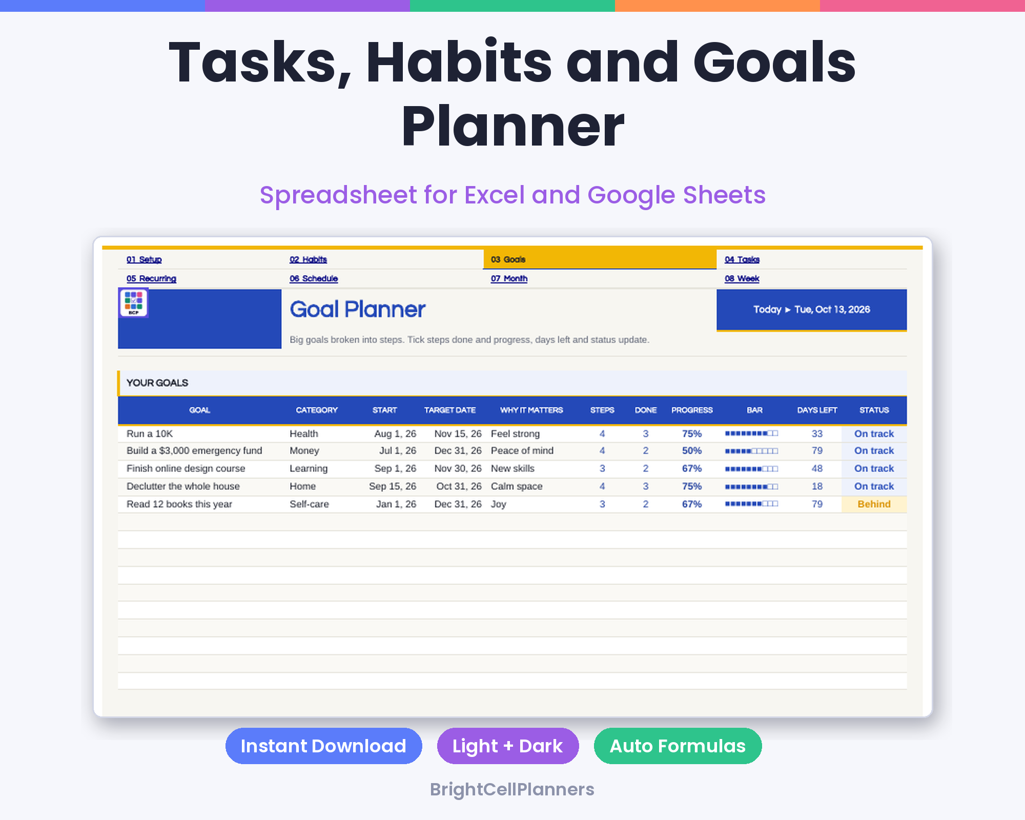 Tasks Habits and Goals Planner – Spreadsheets by BrightCellPlanStudio