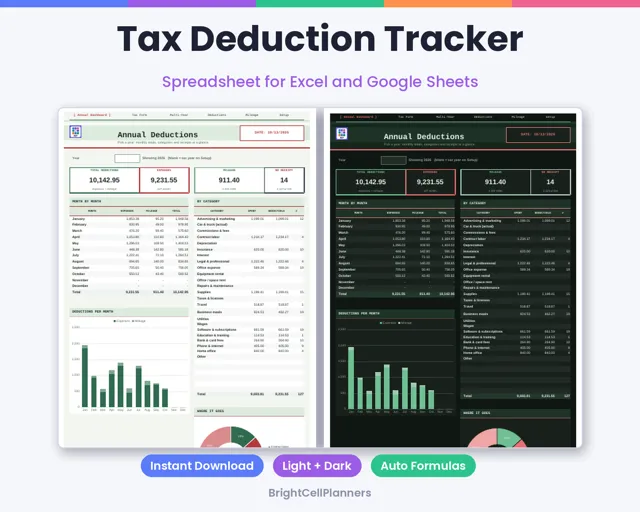 Tax Deduction Tracker – Spreadsheets by BrightCellPlanStudio