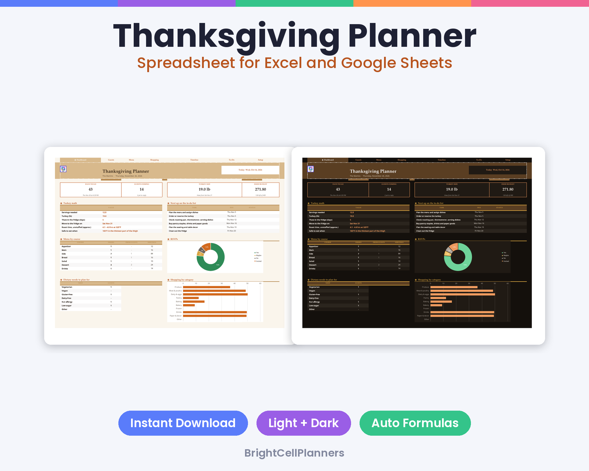 Thanksgiving Planner – Spreadsheets by BrightCellPlanStudio