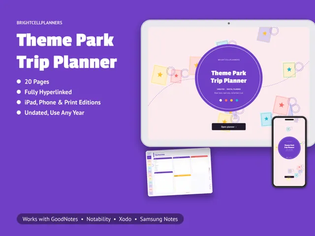 Theme Park Trip Planner – Digital Planners by BrightCellPlanStudio