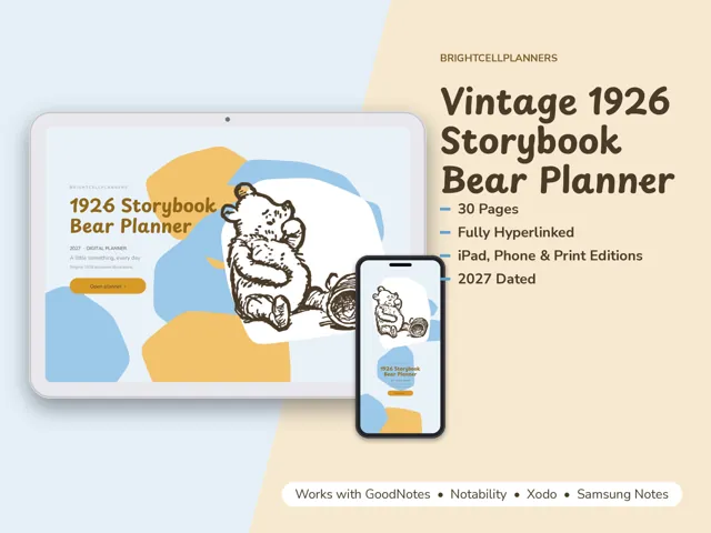 Vintage 1926 Storybook Bear Planner – Digital Planners by BrightCellPlanStudio