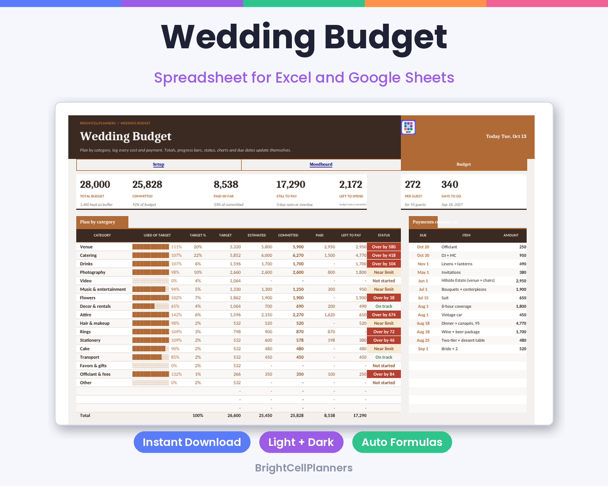 Wedding Budget – Spreadsheets by BrightCellPlanStudio