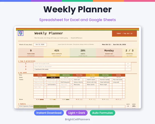 Weekly Planner – Spreadsheets by BrightCellPlanStudio