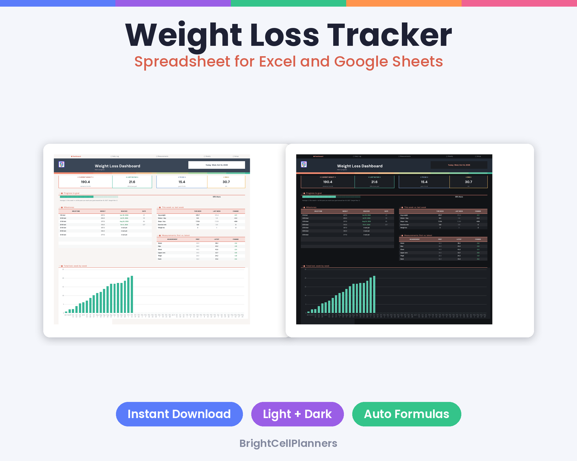 Weight Loss Tracker – Spreadsheets by BrightCellPlanStudio
