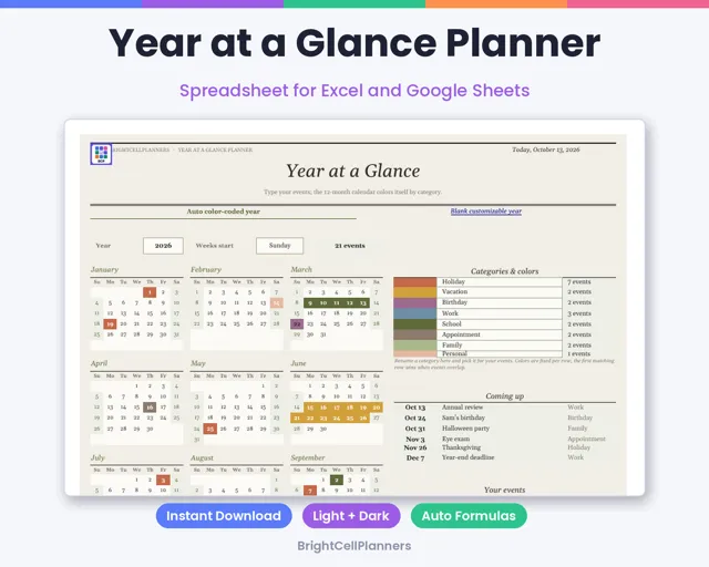 Year at a Glance Planner – Spreadsheets by BrightCellPlanStudio
