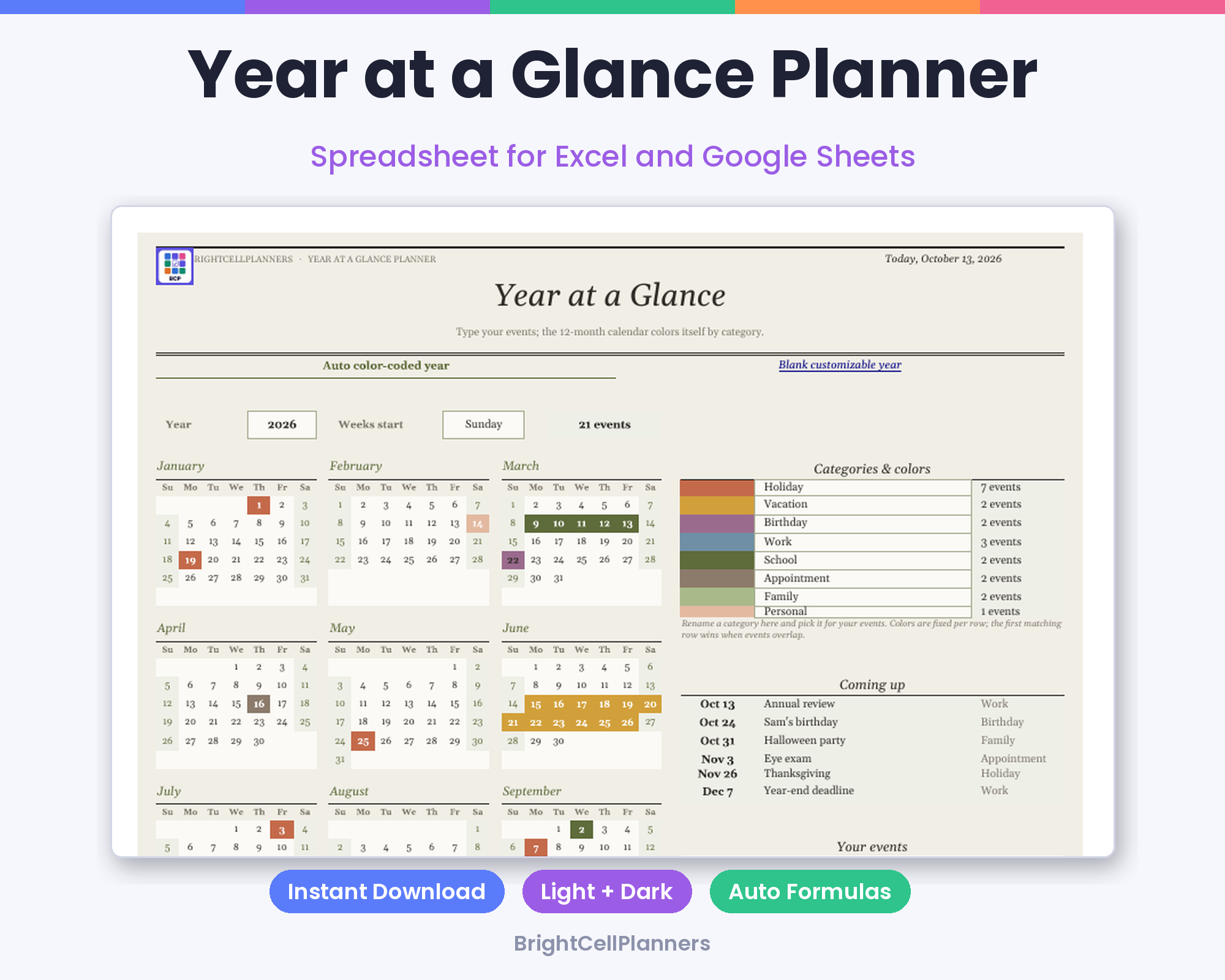 Year at a Glance Planner – Spreadsheets by BrightCellPlanStudio